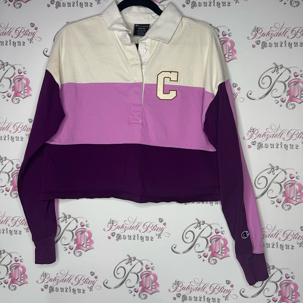 Champion sweater hoodie pull over striped purple logo embroidered collar shirt